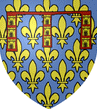 D'azur semé de fleurs de lys d'or au lambel de gueules chaque pendant chargé de trois châteaux d'or